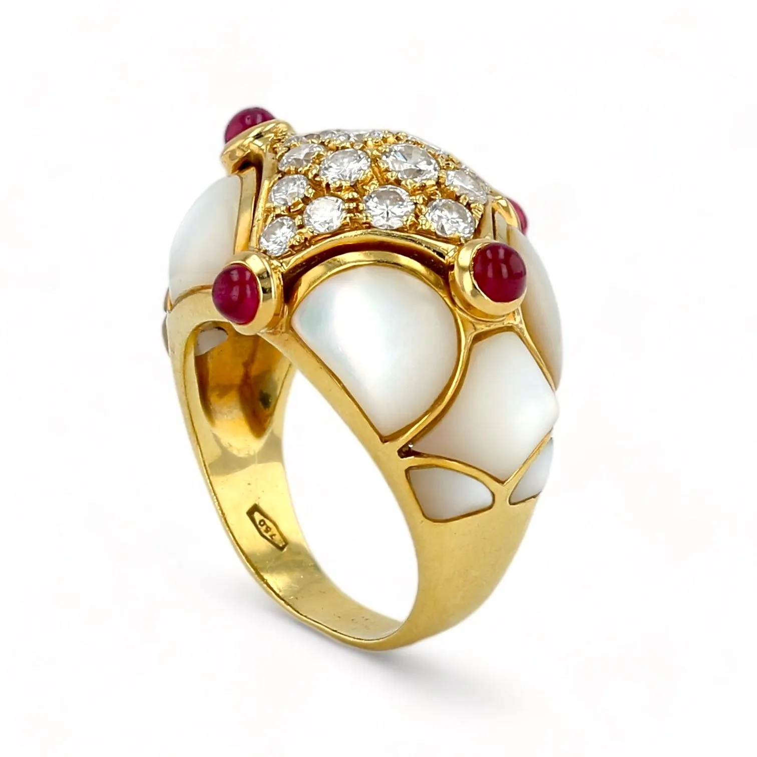 18K Yellow gold mother pearl 1CT diamonds and ruby’s dome ring