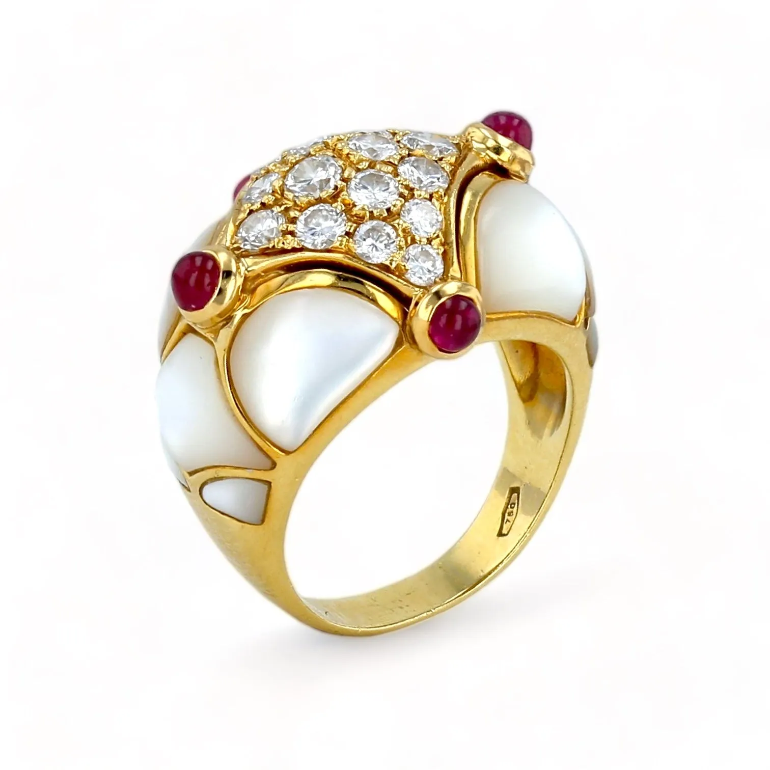 18K Yellow gold mother pearl 1CT diamonds and ruby’s dome ring