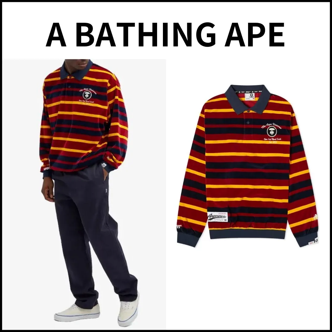 A BATHING APE  |Stripes Unisex Street Style Long Sleeves Cotton Oversized