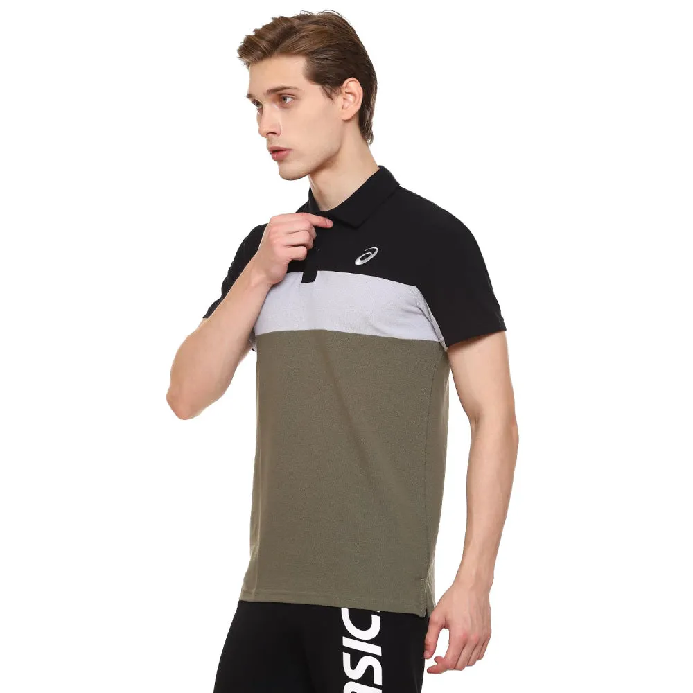 ASICS Men's Color Blocked Polo Top (Performance Black/Mantle Green)