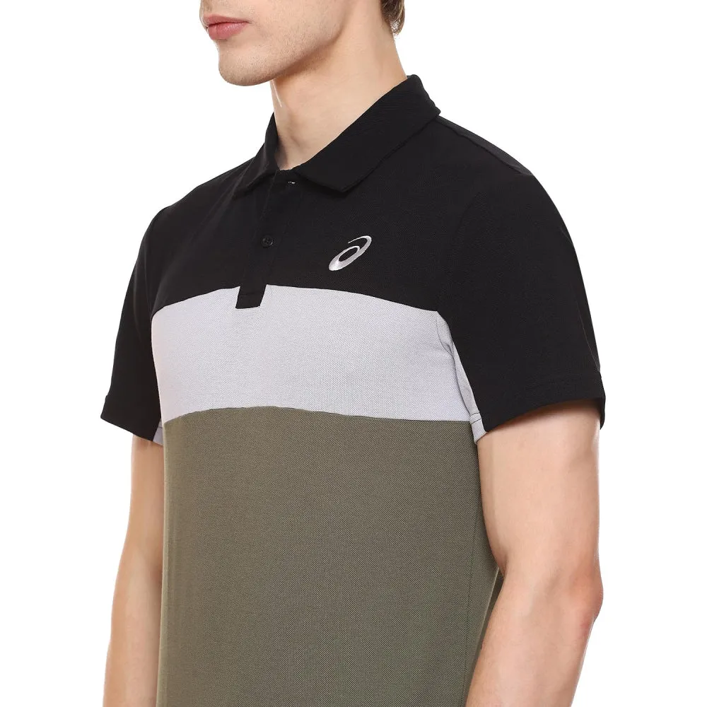 ASICS Men's Color Blocked Polo Top (Performance Black/Mantle Green)