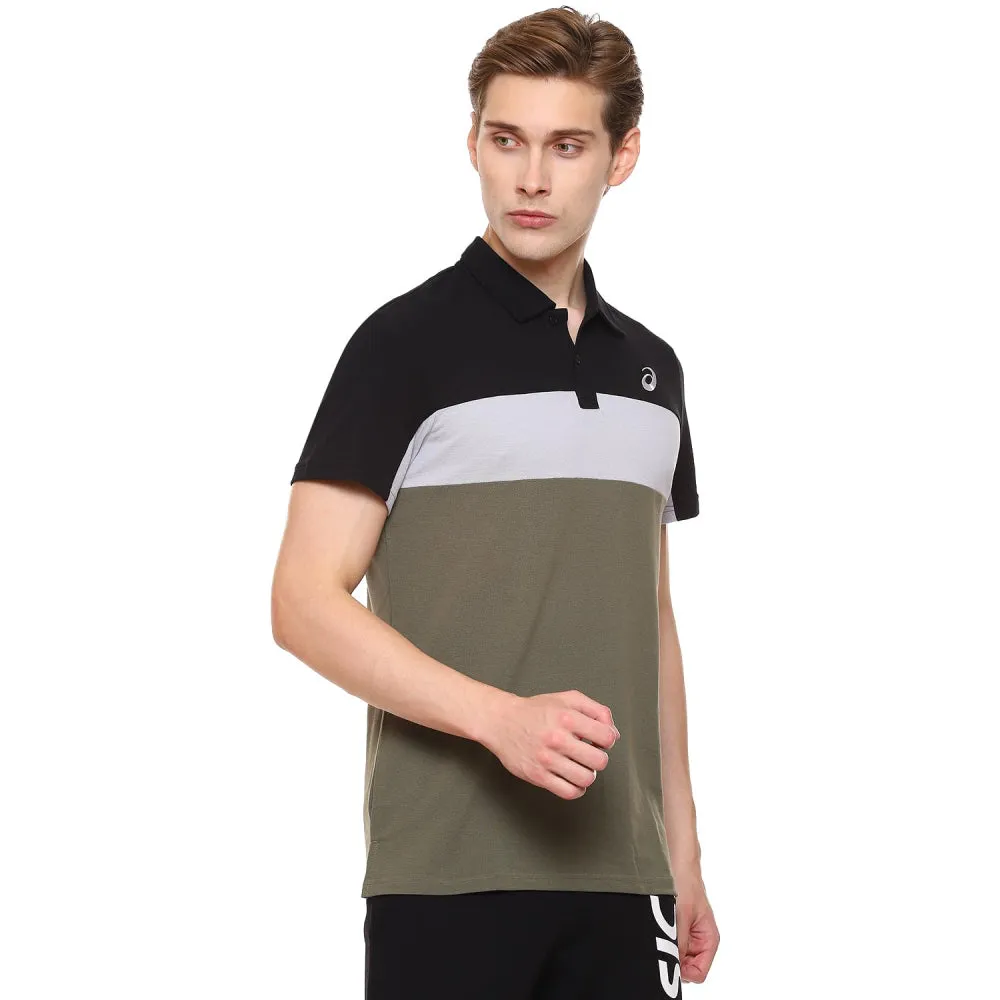 ASICS Men's Color Blocked Polo Top (Performance Black/Mantle Green)