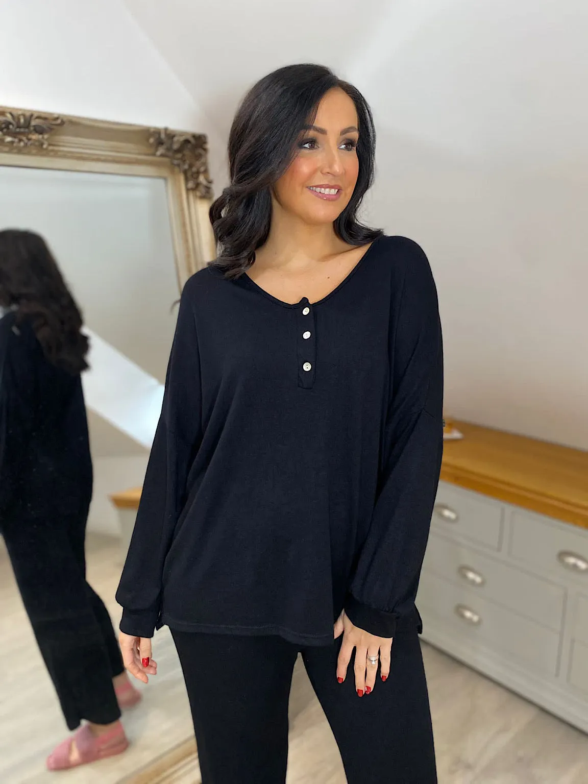 Black Soft Lightweight Button Top Ellie