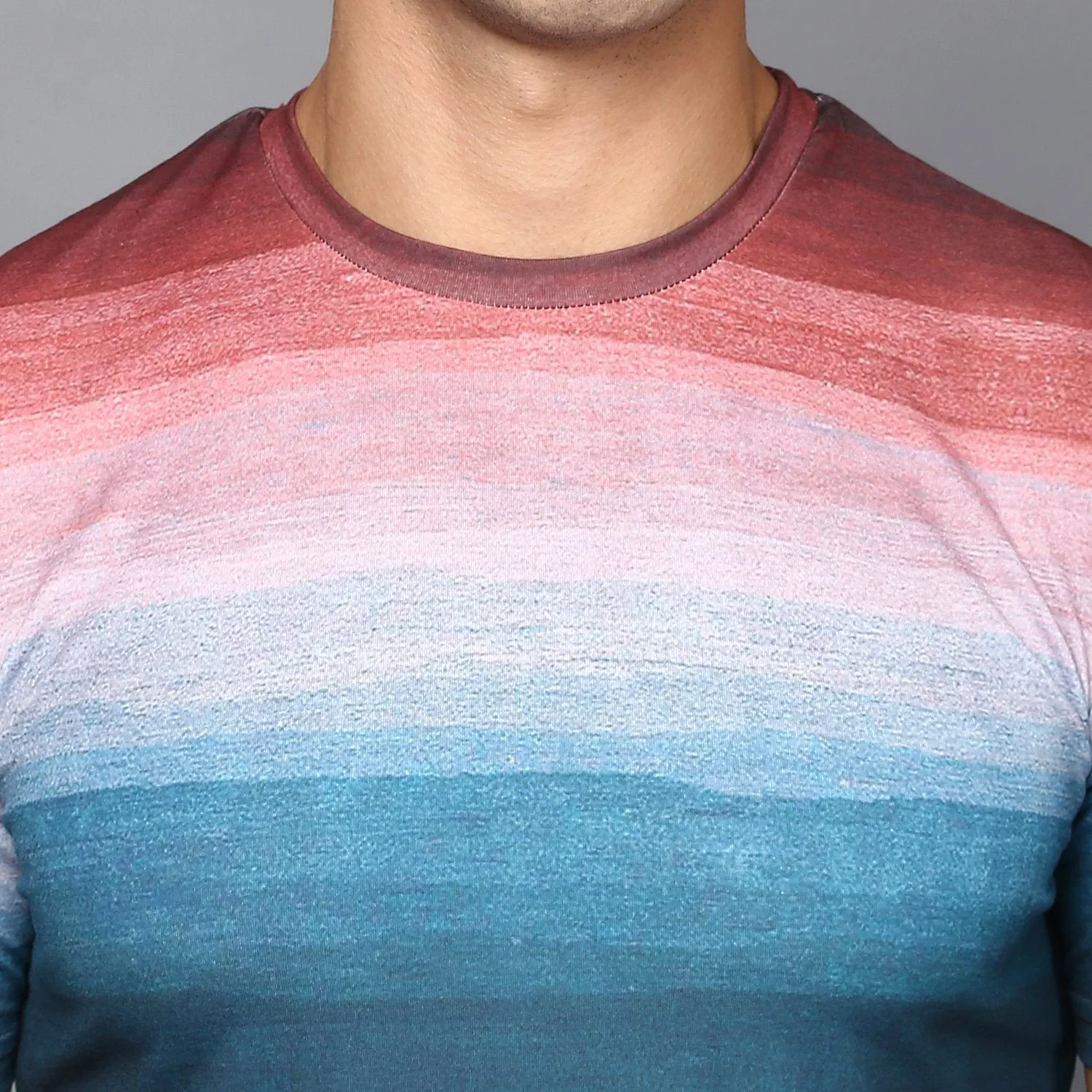 Blue & Coral Color Blocked Crew Neck T-Shirt