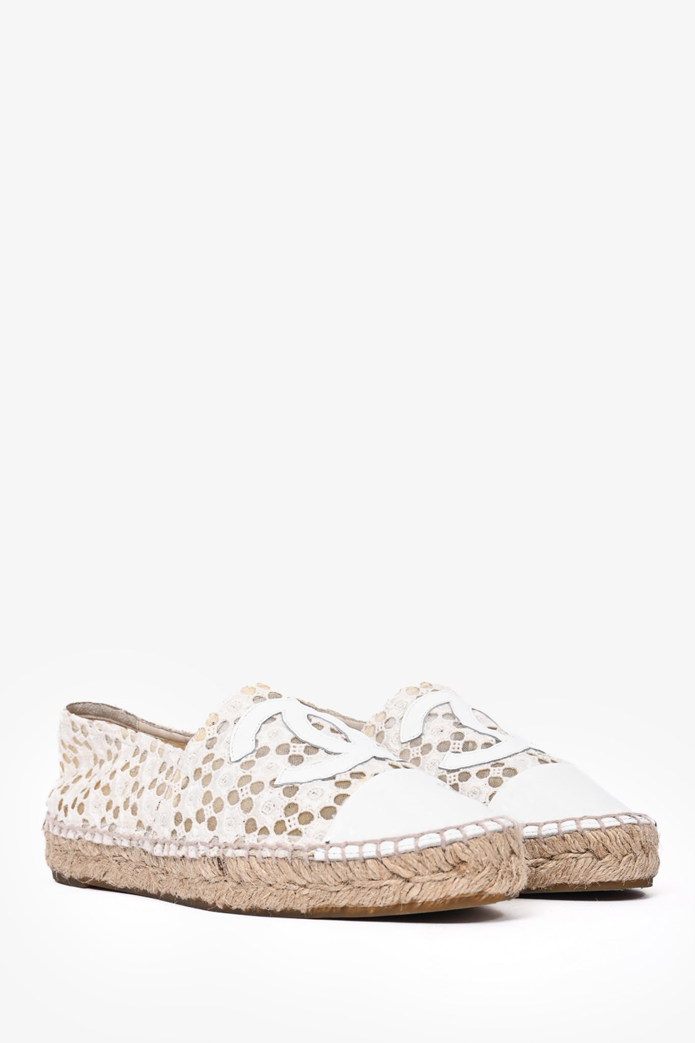 Chanel White Eyelet CC Espadrilles Size 37