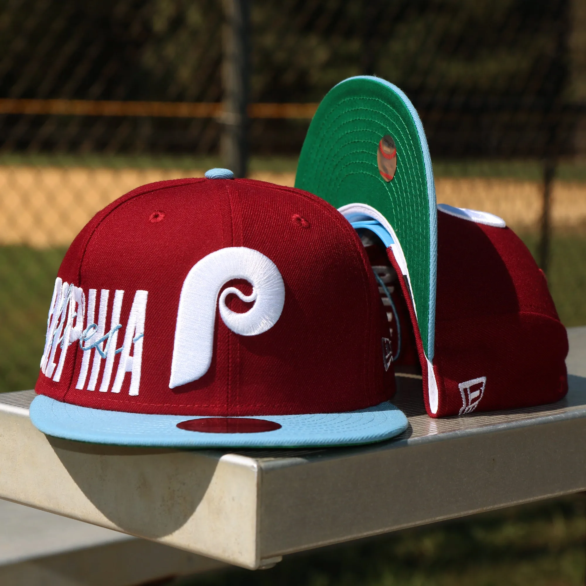 Cooperstown Philadelphia Phillies MLB Side Font Green Bottom 9Fifty Snapback Cap | Maroon Snap Cap