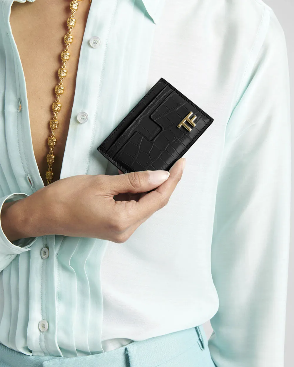 Croc-Embossed Leather Card Holder in Black