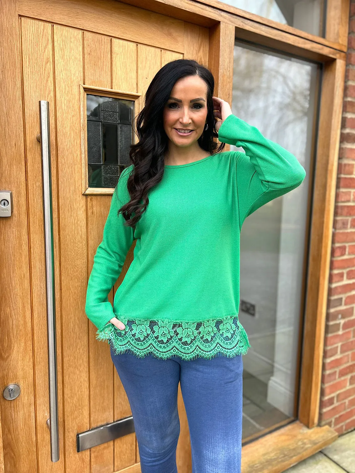 Green Lace Hem Lightweight Top Fiona