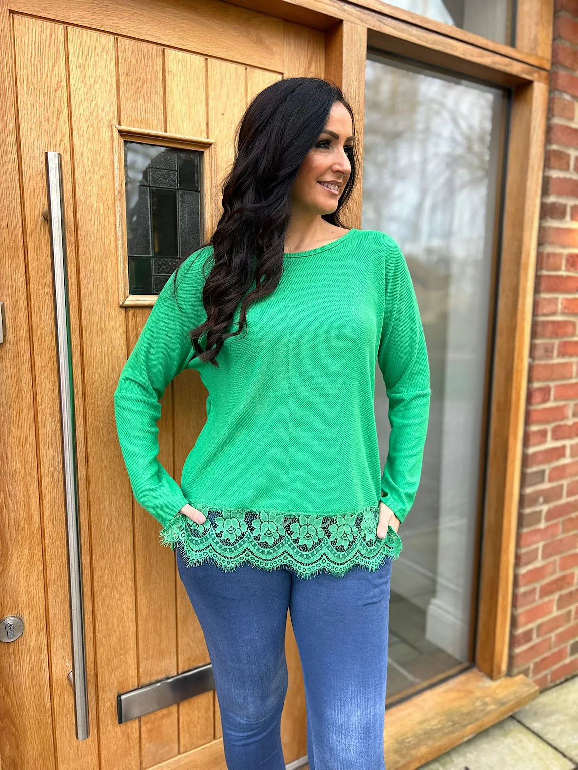 Green Lace Hem Lightweight Top Fiona