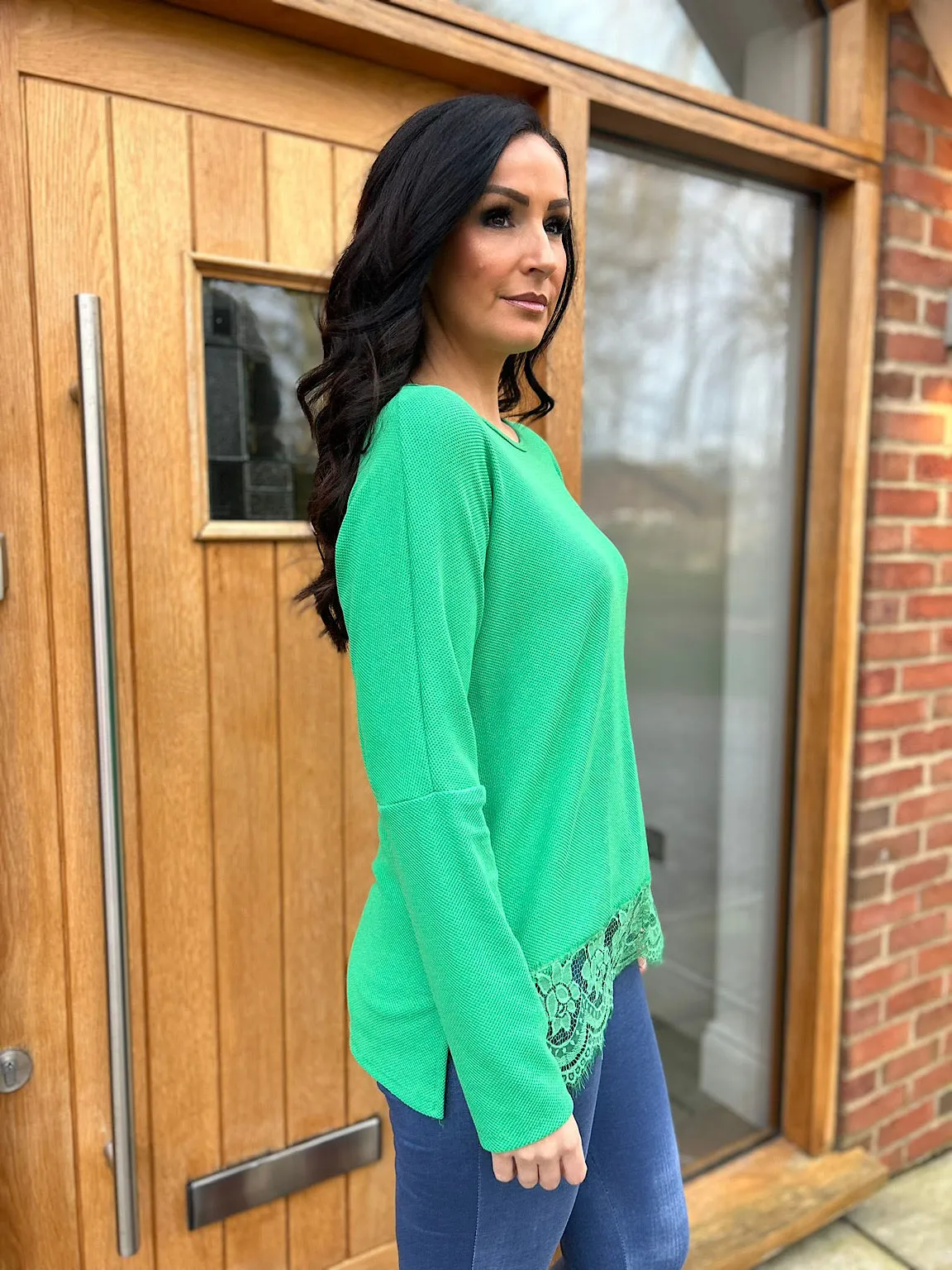 Green Lace Hem Lightweight Top Fiona