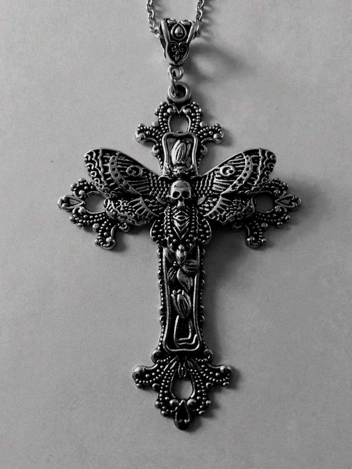 Large Moth Cross Necklace Pendant Victorian Vintage Gothic Style