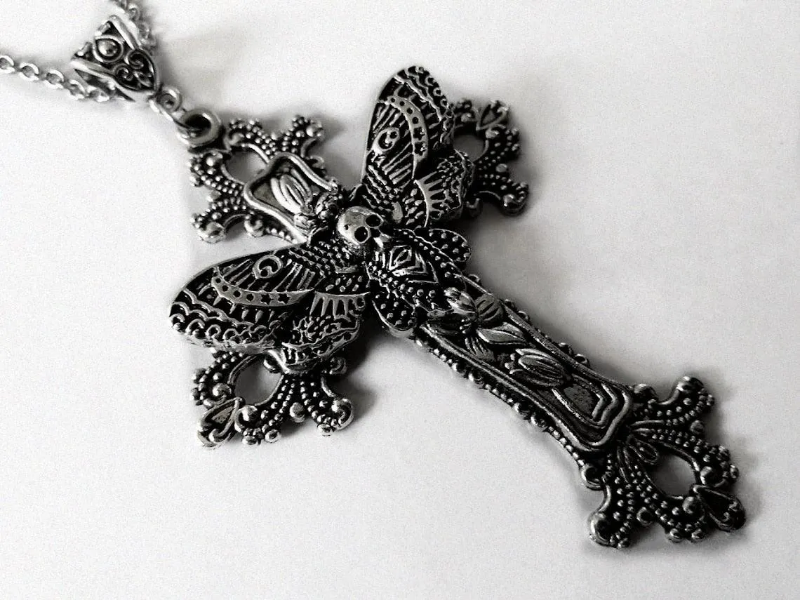 Large Moth Cross Necklace Pendant Victorian Vintage Gothic Style