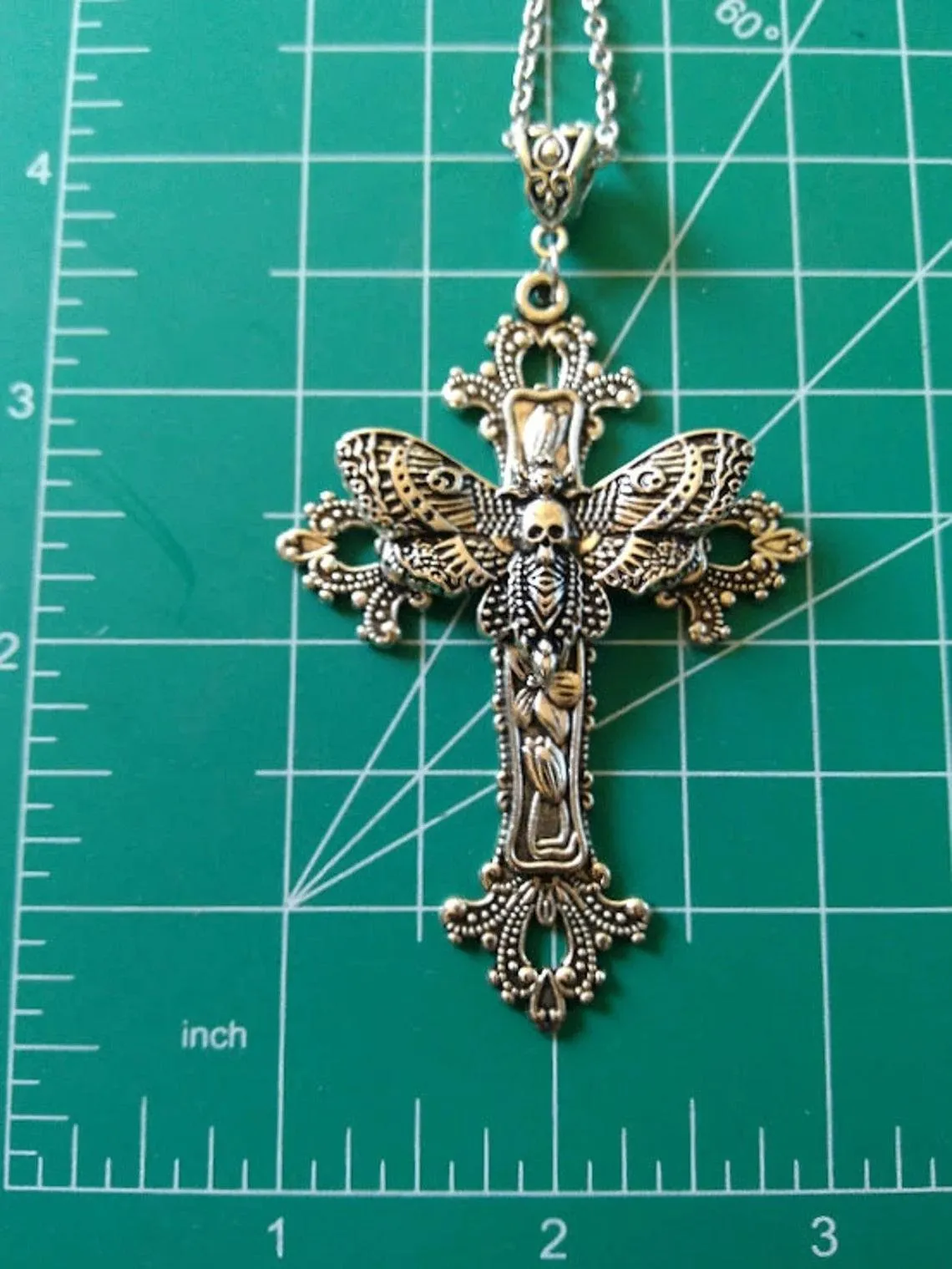 Large Moth Cross Necklace Pendant Victorian Vintage Gothic Style