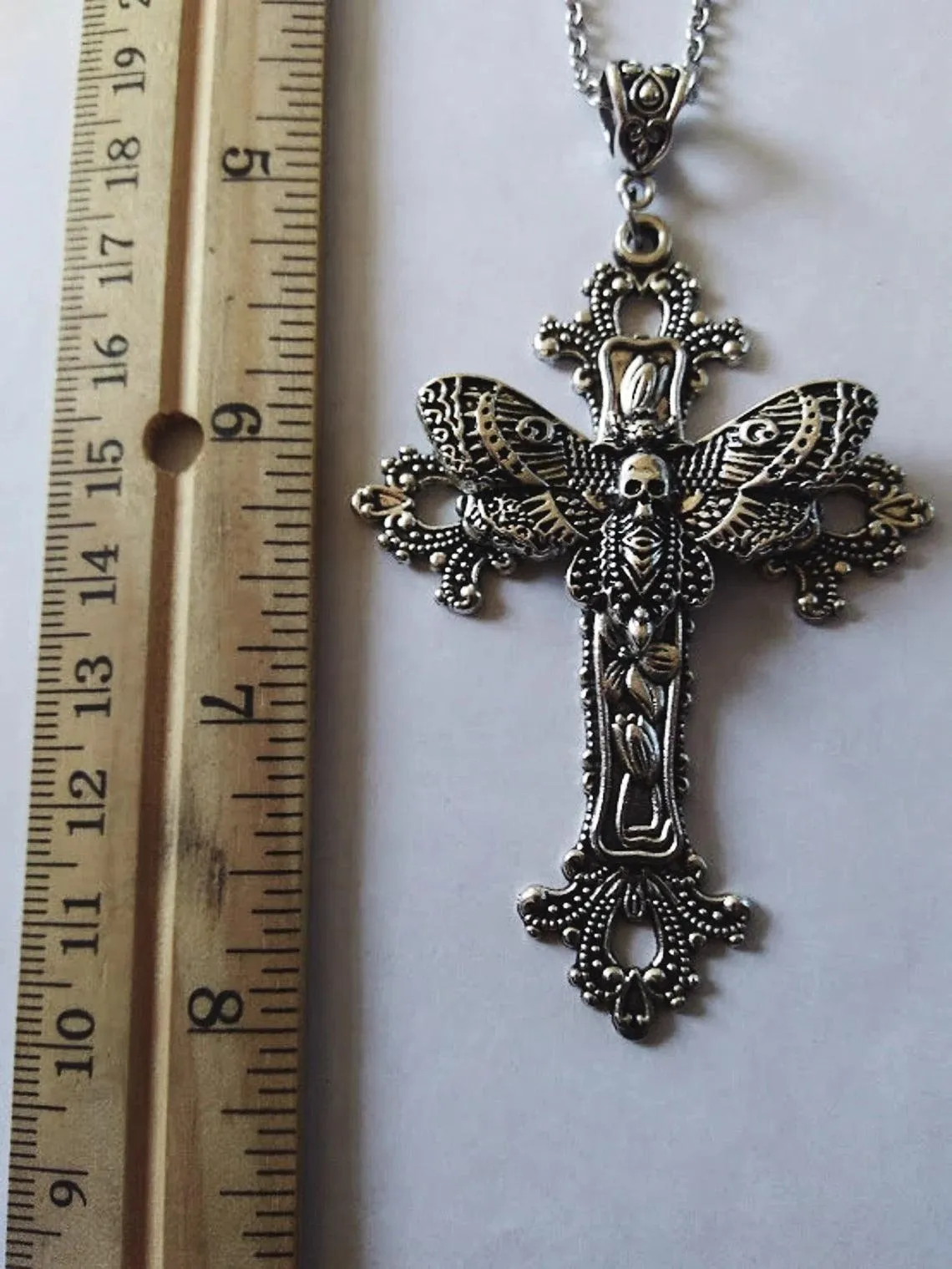 Large Moth Cross Necklace Pendant Victorian Vintage Gothic Style