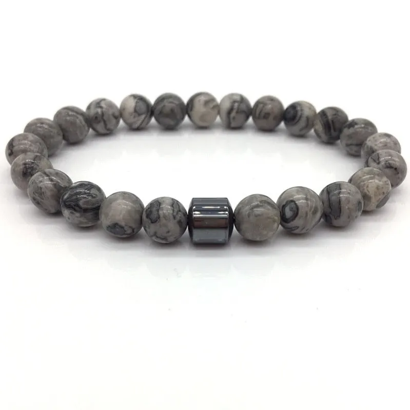 Men's Stylish 8mm Geometric Pattern Hematite Matte Beaded Bracelet