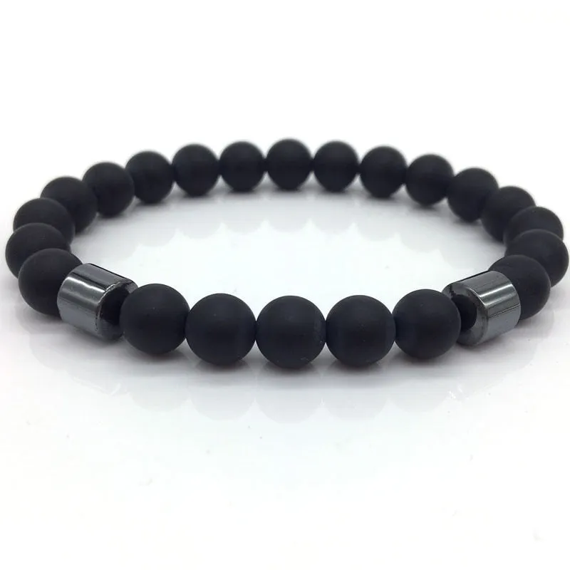 Men's Stylish 8mm Geometric Pattern Hematite Matte Beaded Bracelet