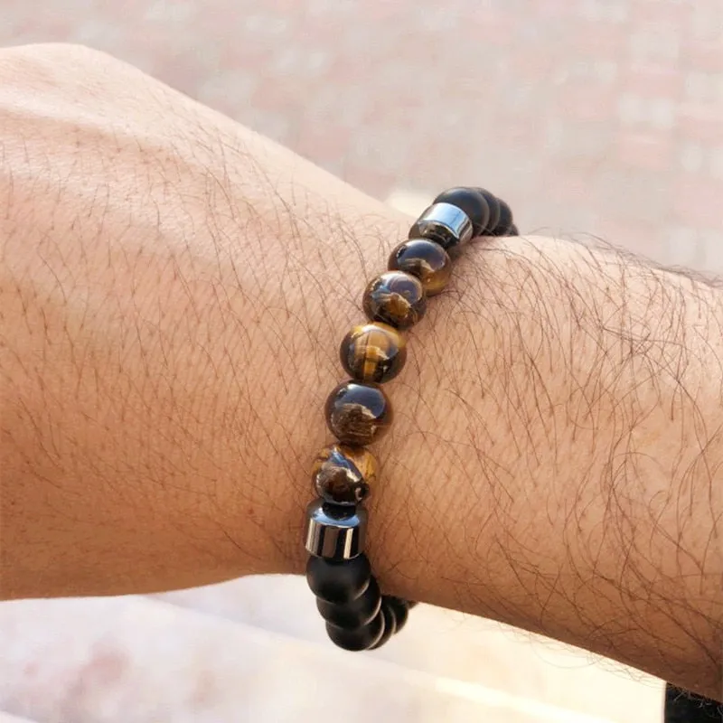 Men's Stylish 8mm Geometric Pattern Hematite Matte Beaded Bracelet