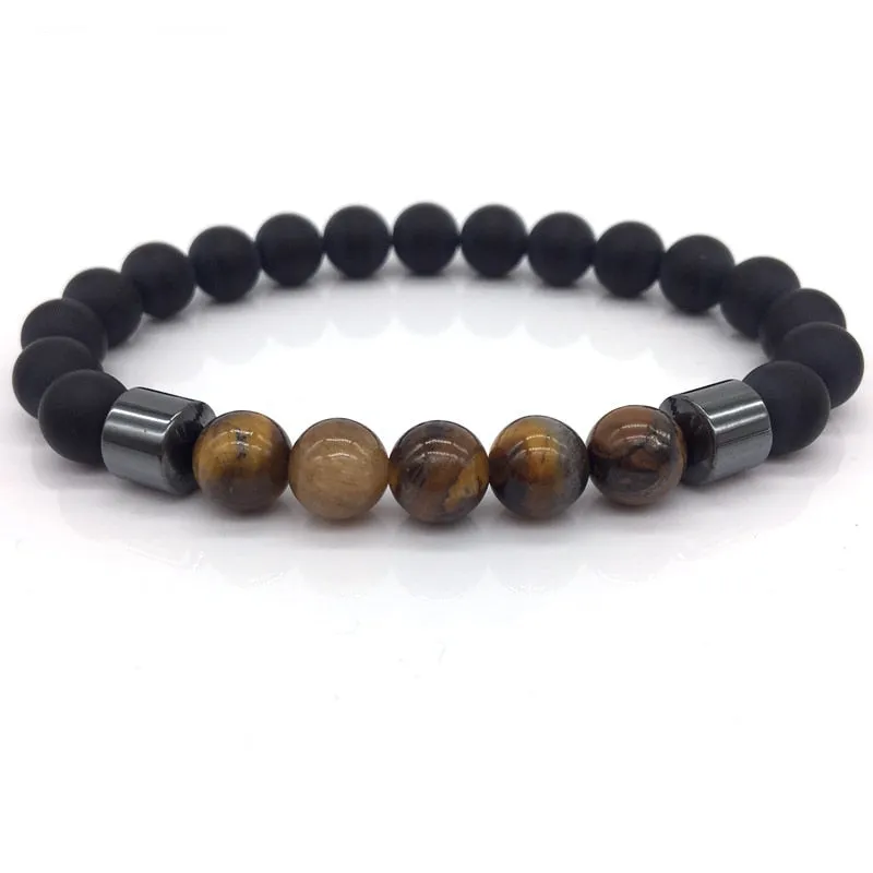 Men's Stylish 8mm Geometric Pattern Hematite Matte Beaded Bracelet