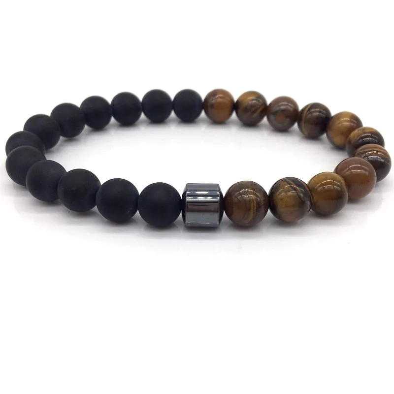 Men's Stylish 8mm Geometric Pattern Hematite Matte Beaded Bracelet