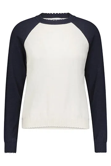 Minnie Rose Cotton Cashmere Color Blocked Frayed Edge Crew