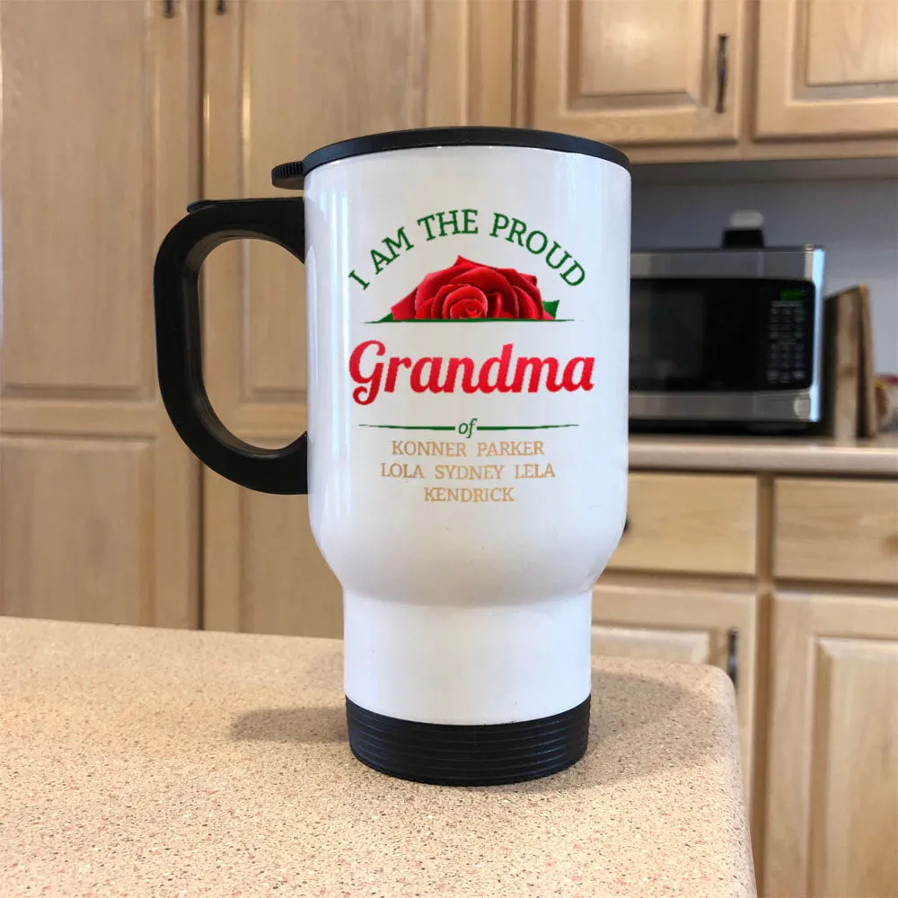 Personalized Roses Proud Grandma White Metal Coffee and Tea Travel Mug