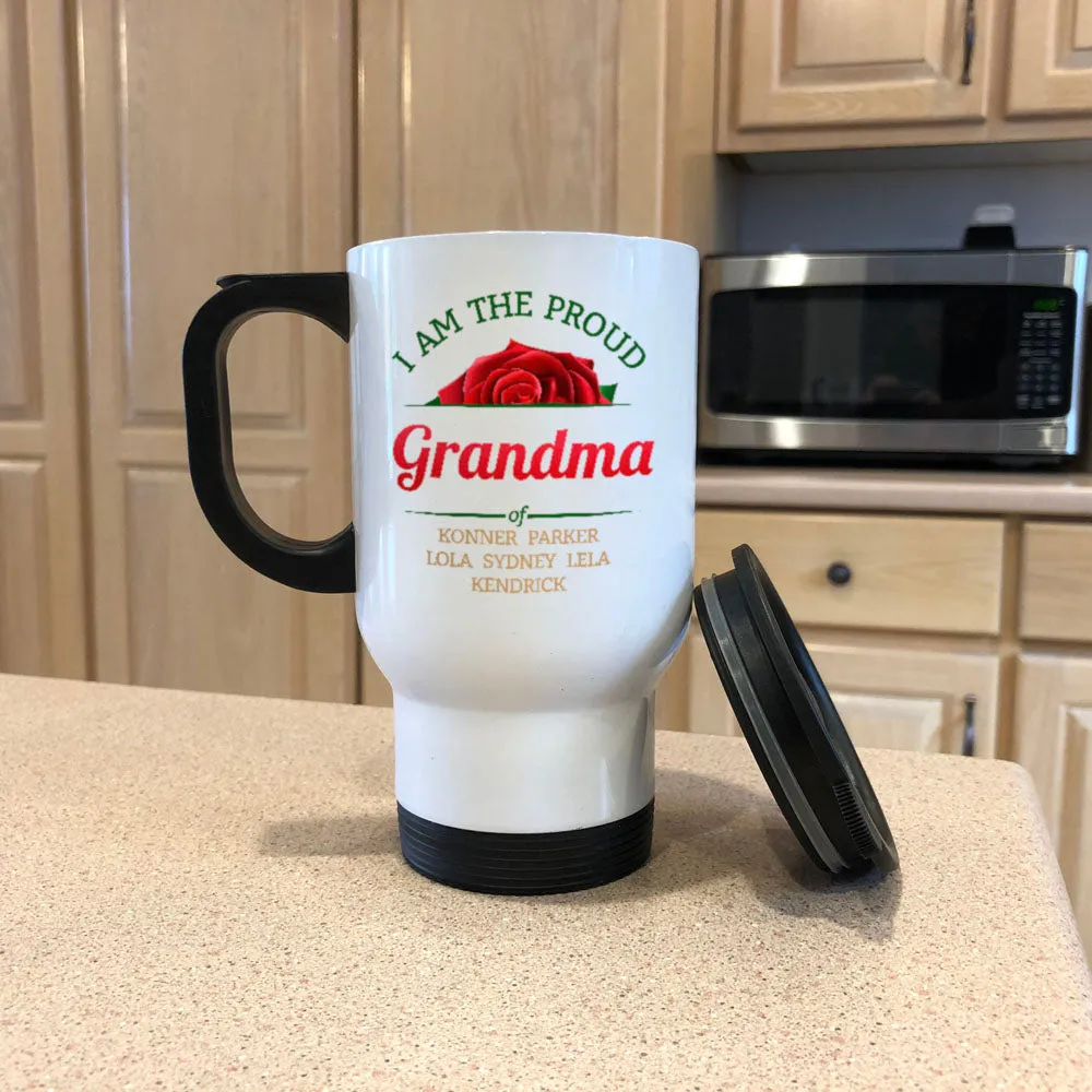 Personalized Roses Proud Grandma White Metal Coffee and Tea Travel Mug