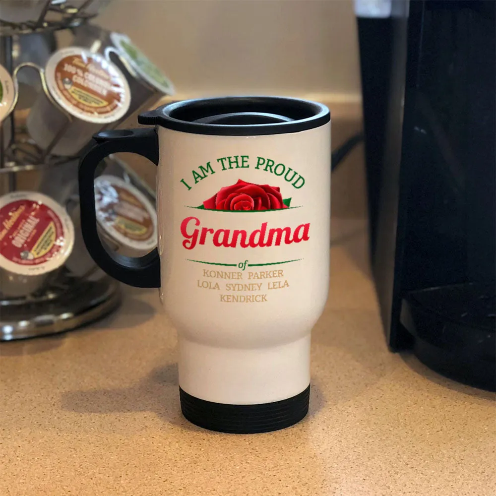 Personalized Roses Proud Grandma White Metal Coffee and Tea Travel Mug