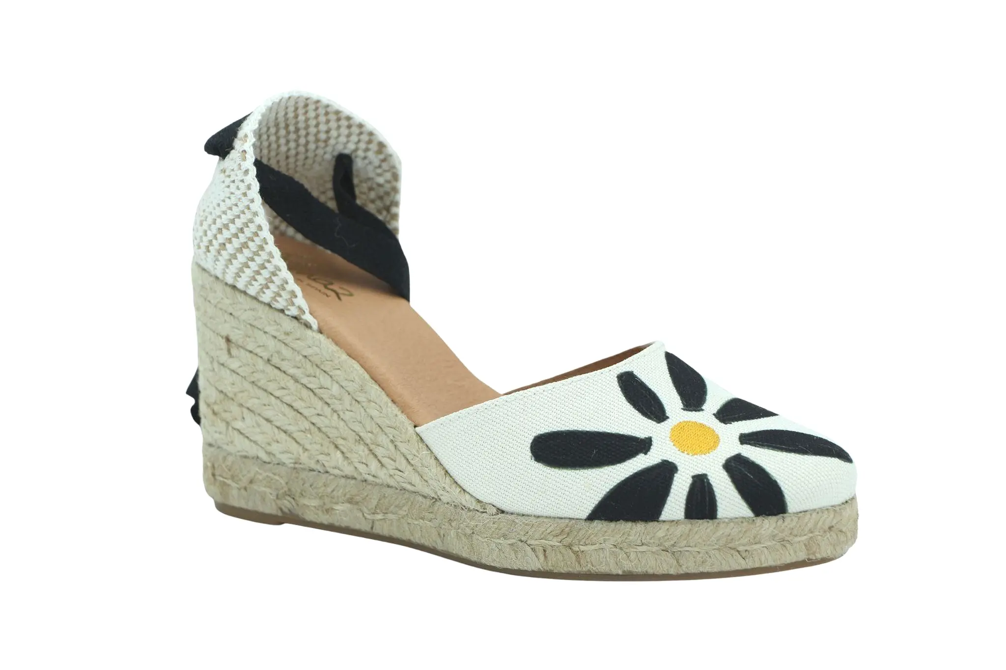 PINAZ Ivory and Black Floral Print Wedge Espadrille