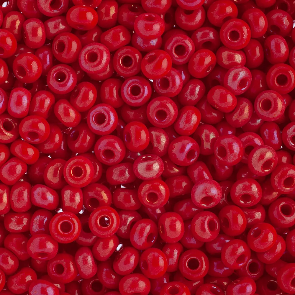 Preciosa Czech Glass, 6/0 Round Pony Seed Bead, Opaque Medium Red AB (1 Tube)