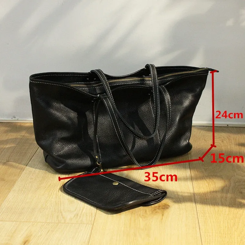 Simple Leather Women Atmosphere Horizontal Large Capacity Cowhide Tote Commuter Handbag