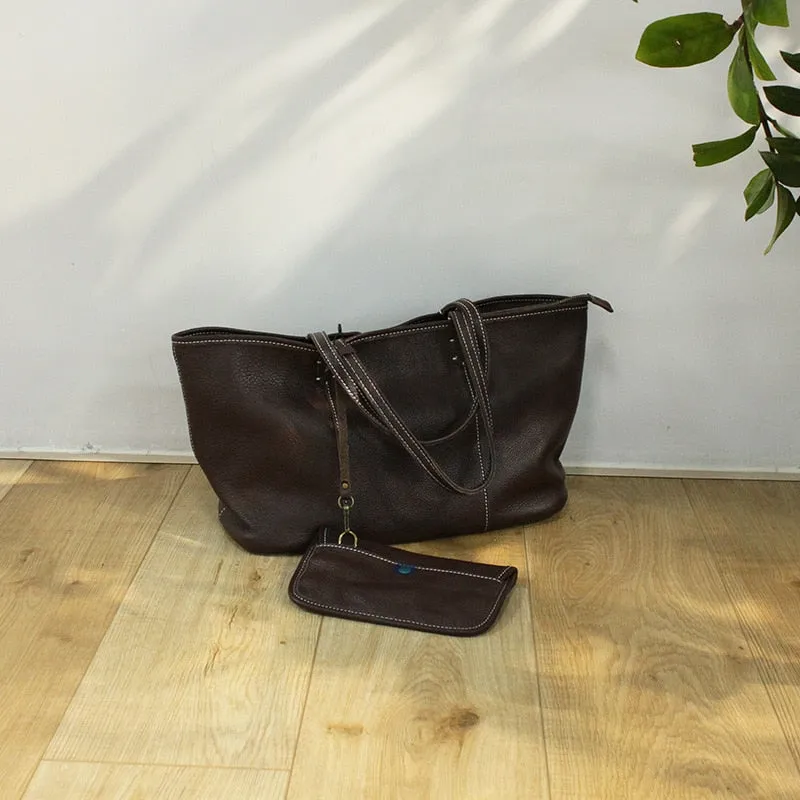 Simple Leather Women Atmosphere Horizontal Large Capacity Cowhide Tote Commuter Handbag