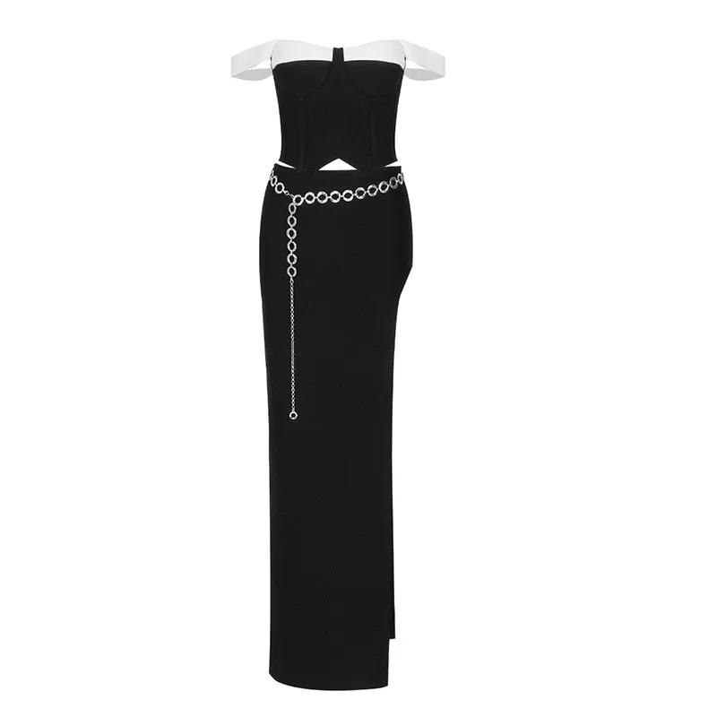 Stylish Designer Runway Color Block Strap Camis Chain Split Long Skirt Set