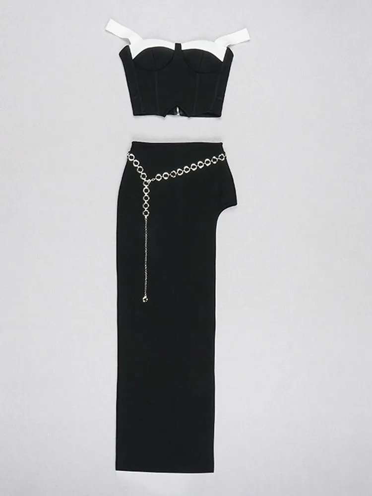 Stylish Designer Runway Color Block Strap Camis Chain Split Long Skirt Set