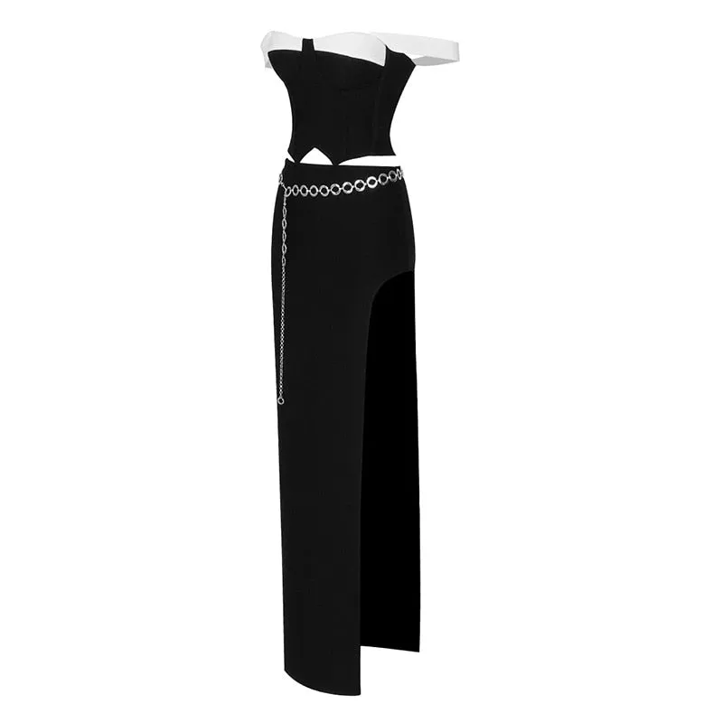 Stylish Designer Runway Color Block Strap Camis Chain Split Long Skirt Set