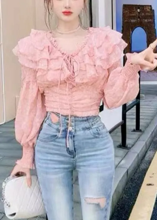 Stylish Pink Ruffled Lace Up Chiffon Blouses Long Sleeve AB1056