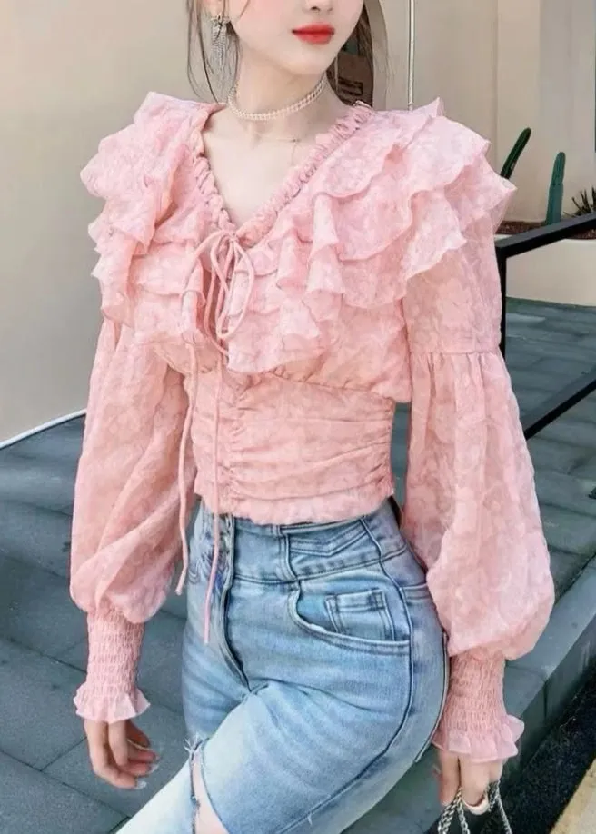 Stylish Pink Ruffled Lace Up Chiffon Blouses Long Sleeve AB1056