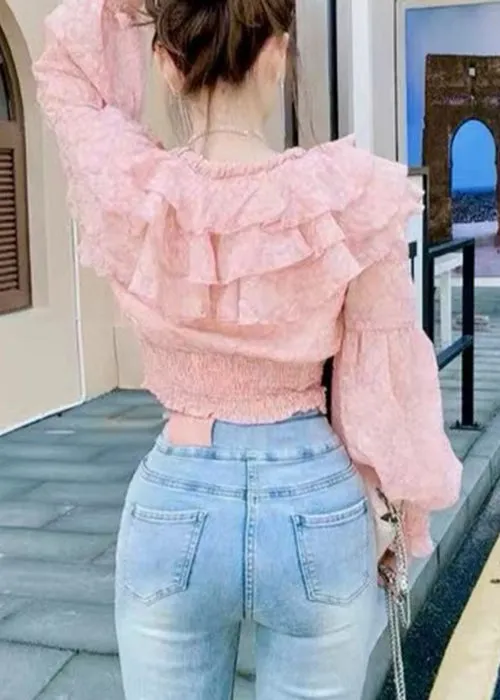 Stylish Pink Ruffled Lace Up Chiffon Blouses Long Sleeve AB1056