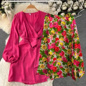 Women's Fashion Pink Top With Robe  & Flower Printed Skirt S4682658